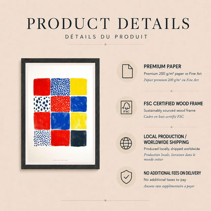 Affiche grille couleurs primaires, poster bauhaus géométrique, art mural rouge bleu jaune