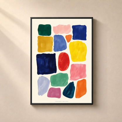 Affiche abstraite composée de quatorze formes peintes multicolores aux contours irréguliers sur fond crème, avec bleu, jaune, vert, rose, rouge, orange, mauve et lavande.