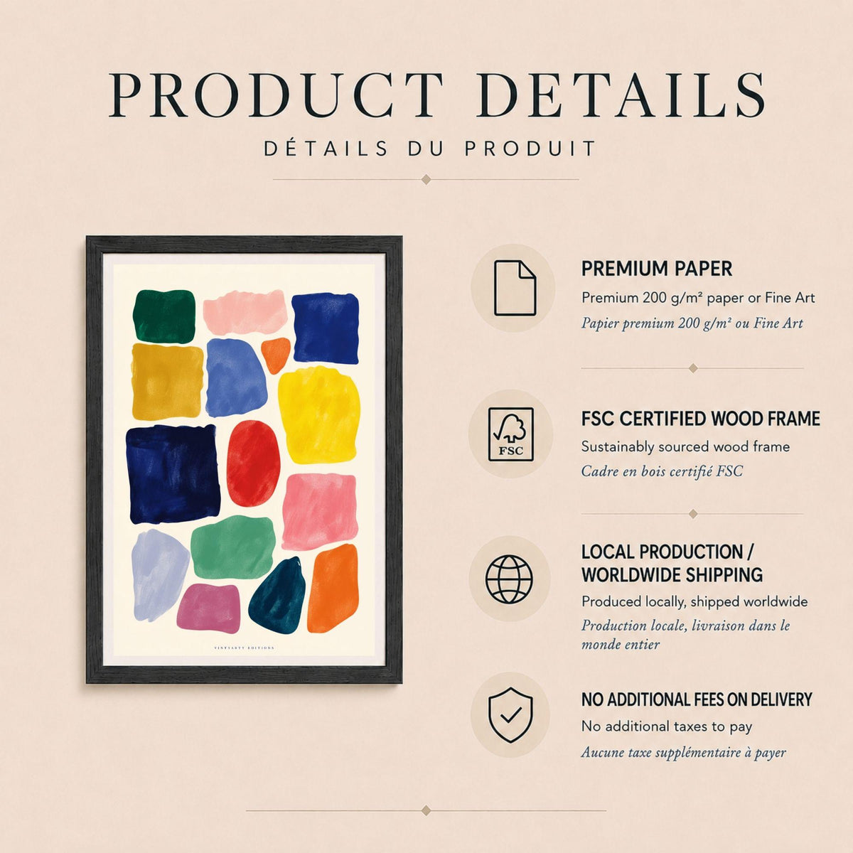 Affiche formes abstraites multicolores, poster nuancier peint, art mural coloré fond crème