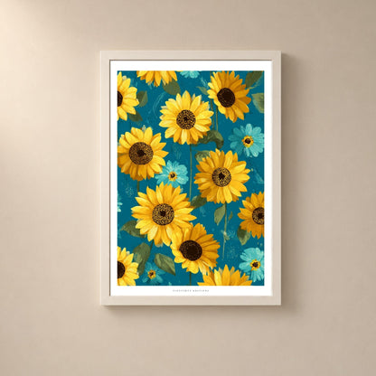 Affiche tournesols jaunes fond bleu pétrole, art floral coloré, décoration murale fleurie