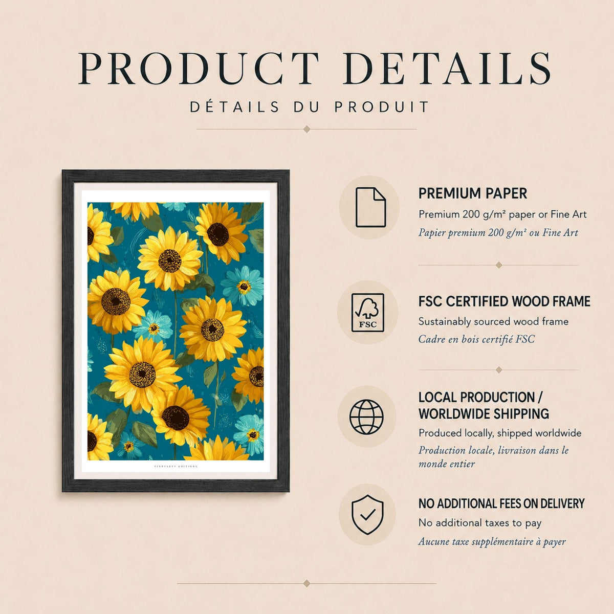 Affiche tournesols jaunes fond bleu pétrole, art floral coloré, décoration murale fleurie