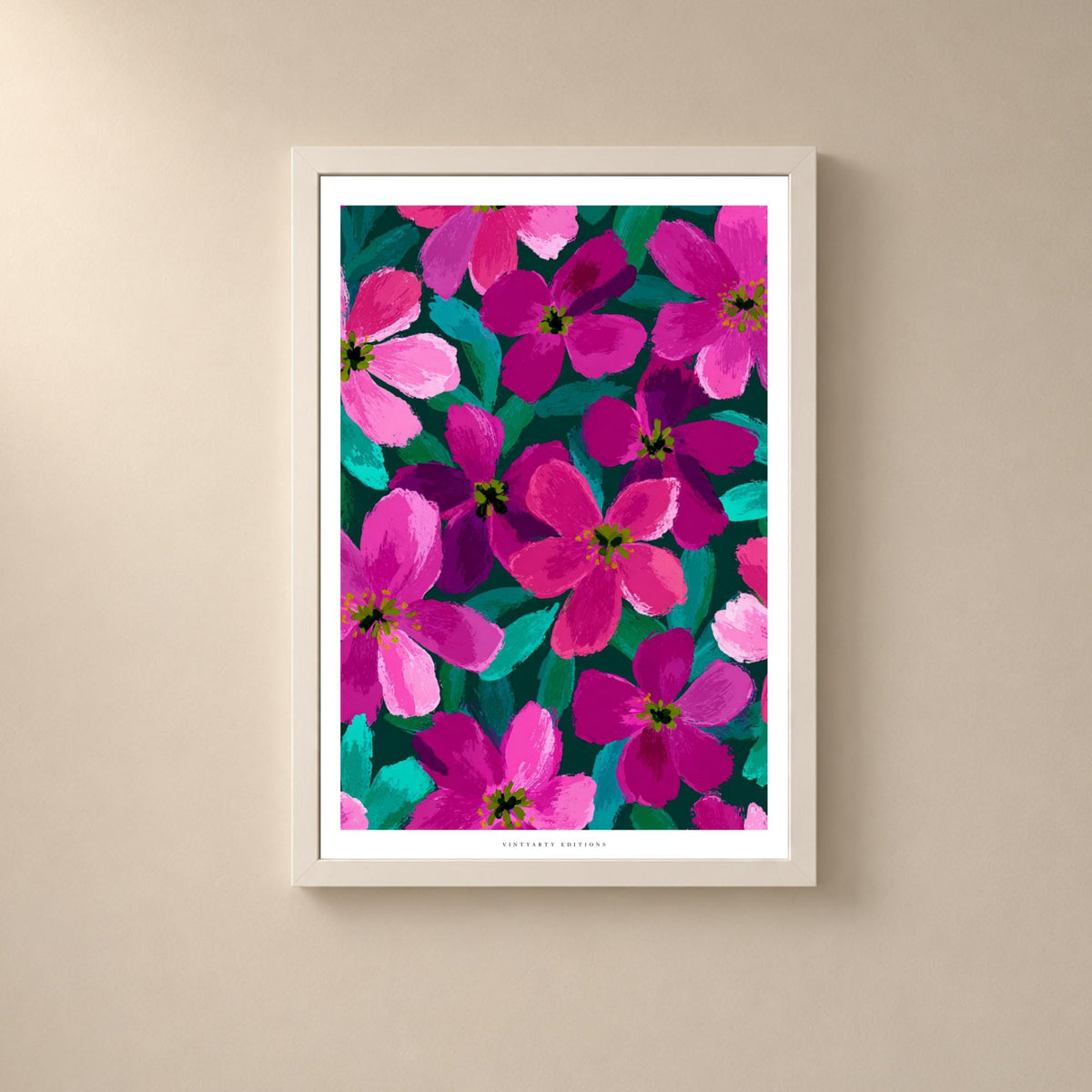Affiche fleurs roses fond vert sombre, art floral fuchsia et turquoise, décoration murale colorée
