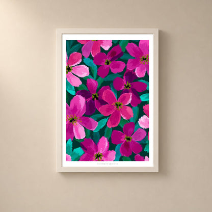 Affiche fleurs roses fond vert sombre, art floral fuchsia et turquoise, décoration murale colorée