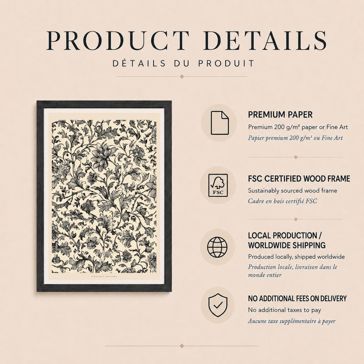 Affiche fleurs gravées noir et crème, motif botanique vintage, art mural floral élégant