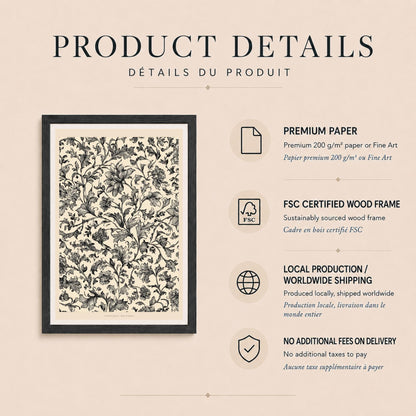 Affiche fleurs gravées noir et crème, motif botanique vintage, art mural floral élégant