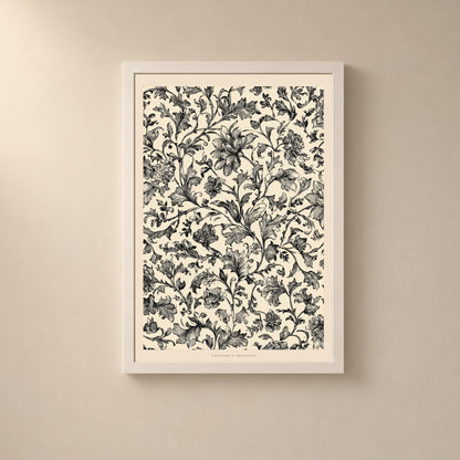 Affiche fleurs gravées noir et crème, motif botanique vintage, art mural floral élégant