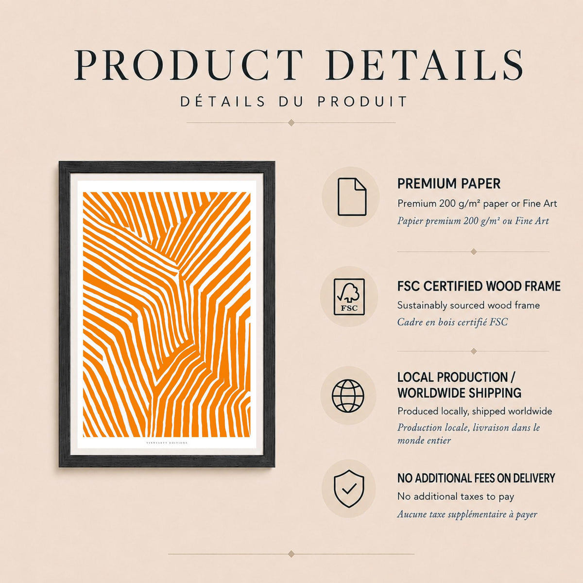 Affiche abstraite orange à rayures, art optique graphique, décoration murale contemporaine