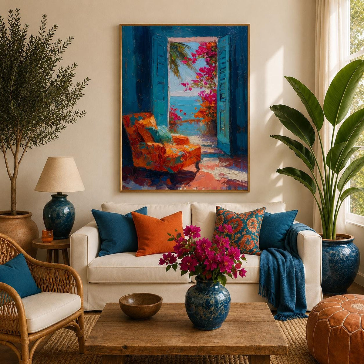 Affiche fenêtre méditerranéenne, intérieur bleu avec vue mer, fauteuil orange et bougainvilliers