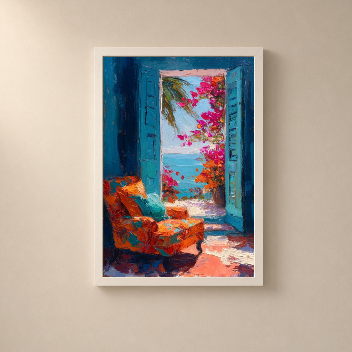 Affiche fenêtre méditerranéenne, intérieur bleu avec vue mer, fauteuil orange et bougainvilliers