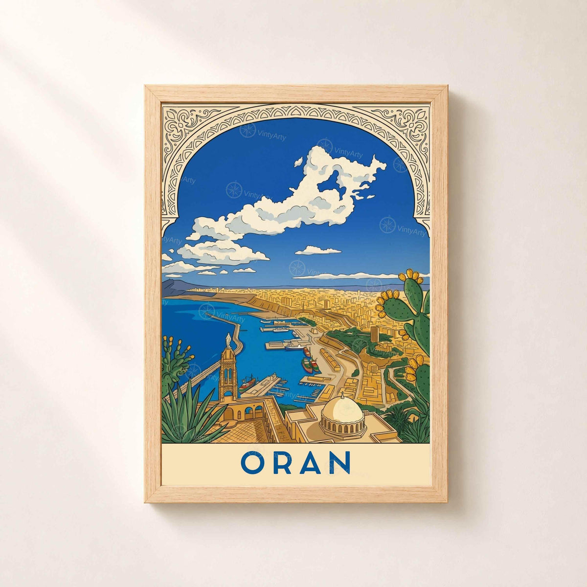 Affiche Oran vue panoramique port et baie, poster voyage Algérie illustré