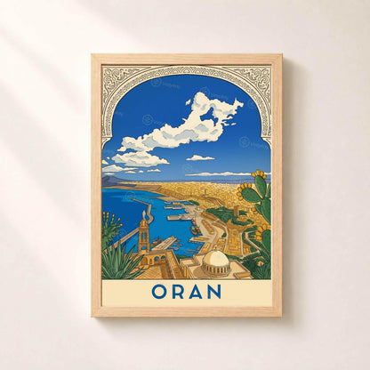 Affiche Oran vue panoramique port et baie, poster voyage Algérie illustré
