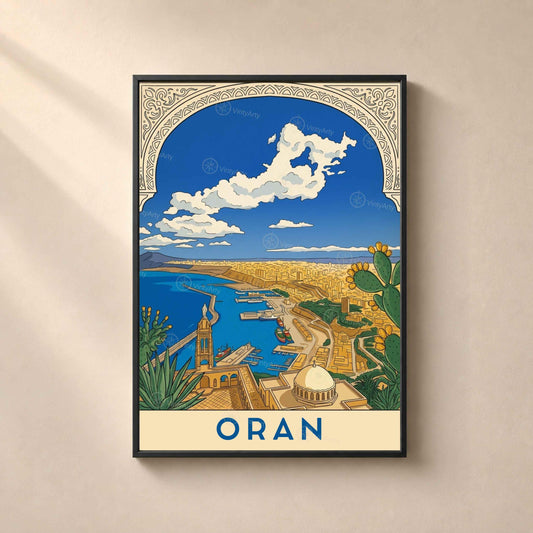 Affiche Oran vue panoramique port et baie, poster voyage Algérie illustré
