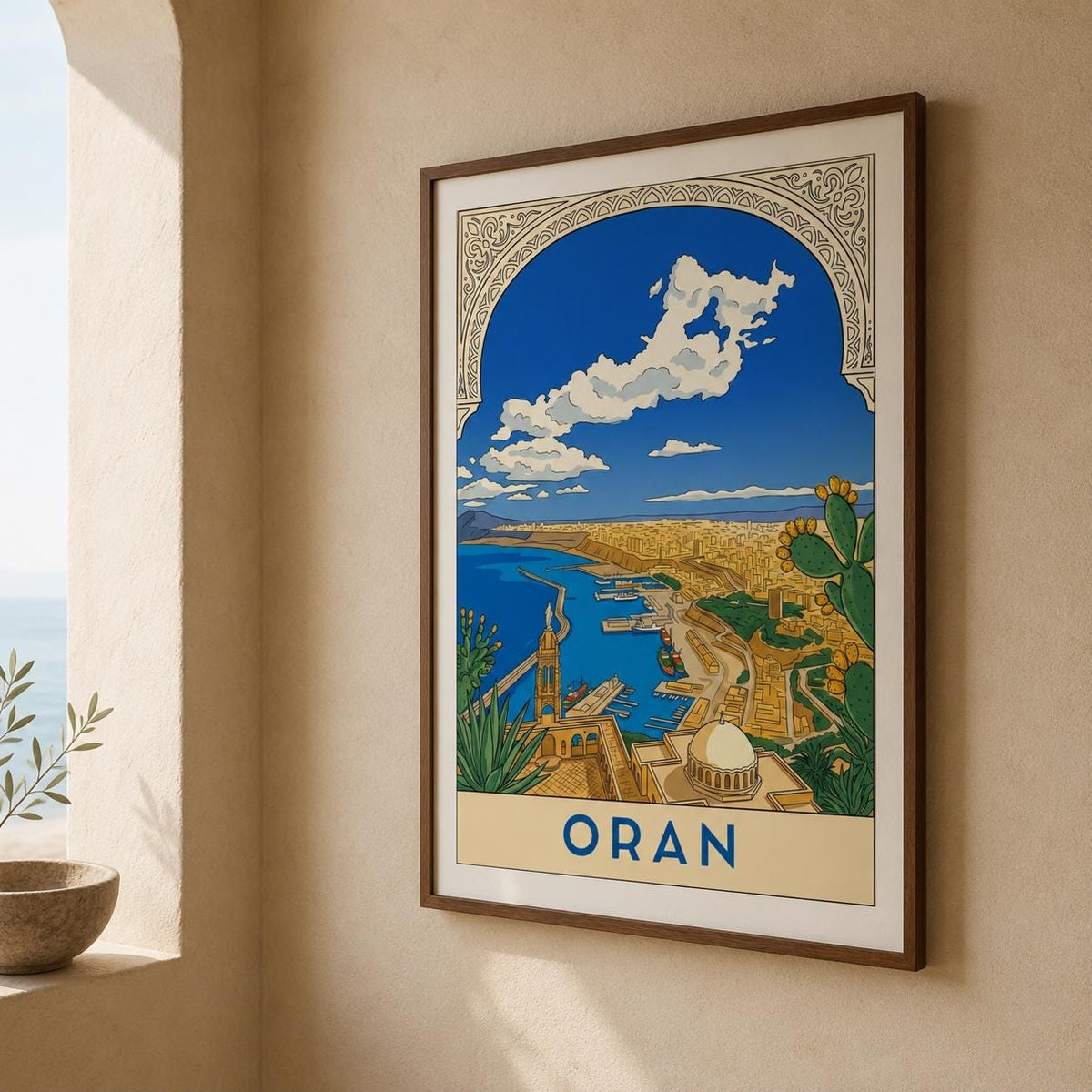 Affiche Oran vue panoramique port et baie, poster voyage Algérie illustré
