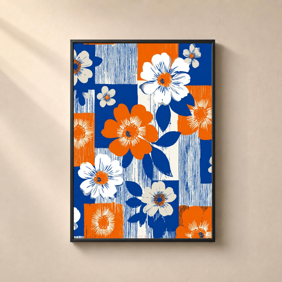 Affiche florale rétro années 70, poster damier orange et bleu, art mural graphique coloré