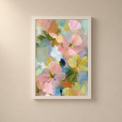 Affiche florale abstraite pastel, poster fleurs peintes à l'huile, art mural doux et coloré