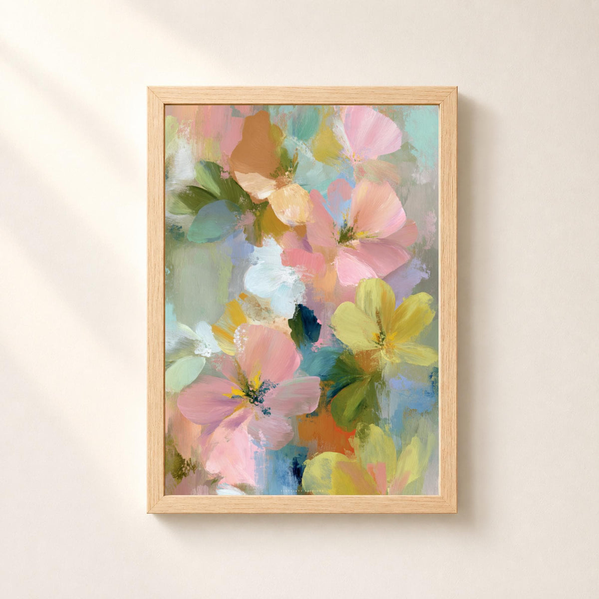 Affiche florale abstraite pastel, poster fleurs peintes à l'huile, art mural doux et coloré