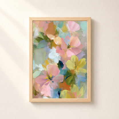 Affiche florale abstraite pastel, poster fleurs peintes à l'huile, art mural doux et coloré