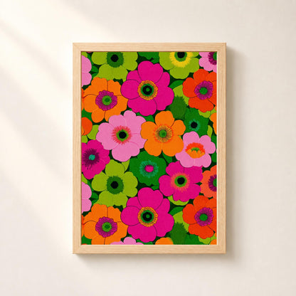 Affiche fleurs psychédéliques années 70, poster flower power, art mural rose et vert fluo