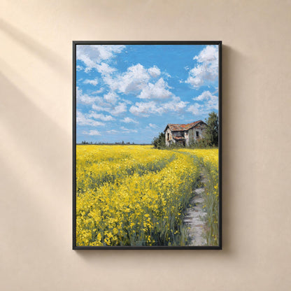 Affiche à l'huile d'un champ de colza jaune occupant la moitié basse, sentier d'herbe et de pierres claires remontant vers une maison abandonnée aux murs blanchis lézardés et au toit de tuiles orange affaissé, entourée d'arbres, grand ciel bleu à cumulus blancs au-dessus.