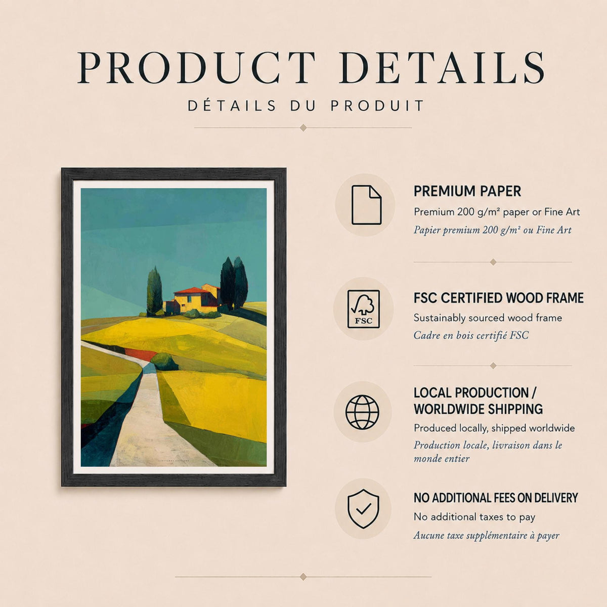 Affiche collines de Toscane, poster paysage géométrique, art mural jaune et turquoise