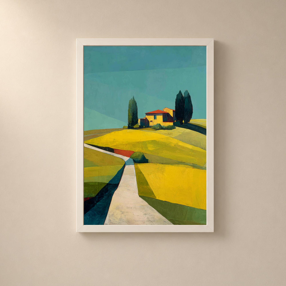 Affiche collines de Toscane, poster paysage géométrique, art mural jaune et turquoise
