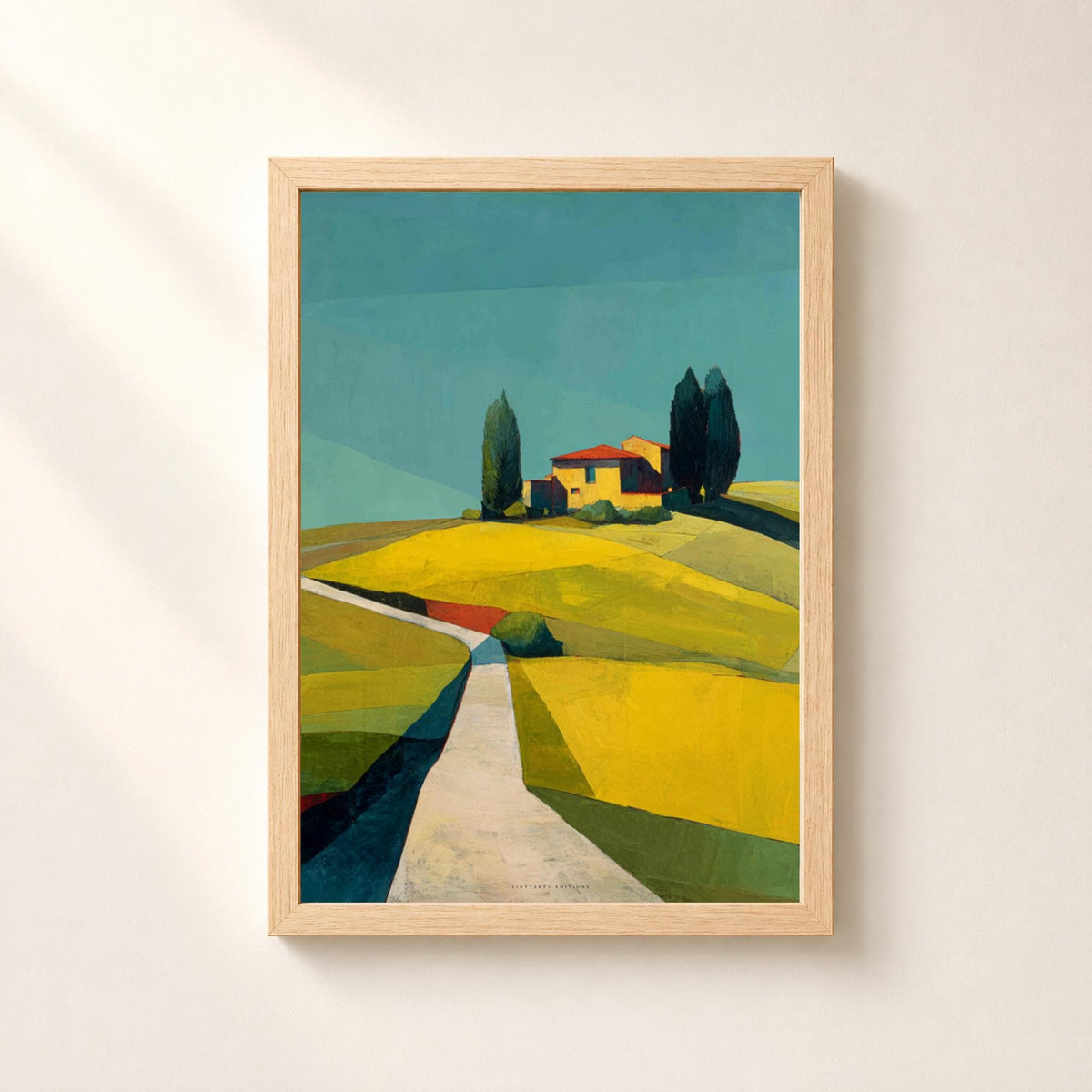 Affiche collines de Toscane, poster paysage géométrique, art mural jaune et turquoise