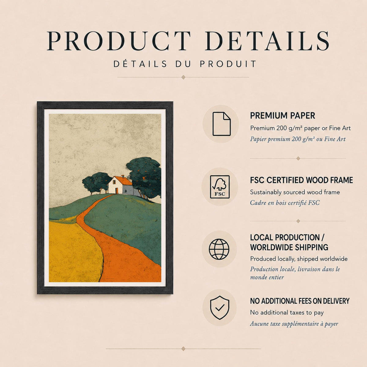 Affiche maison sur la colline, poster paysage naïf, art mural vert et orange apaisant