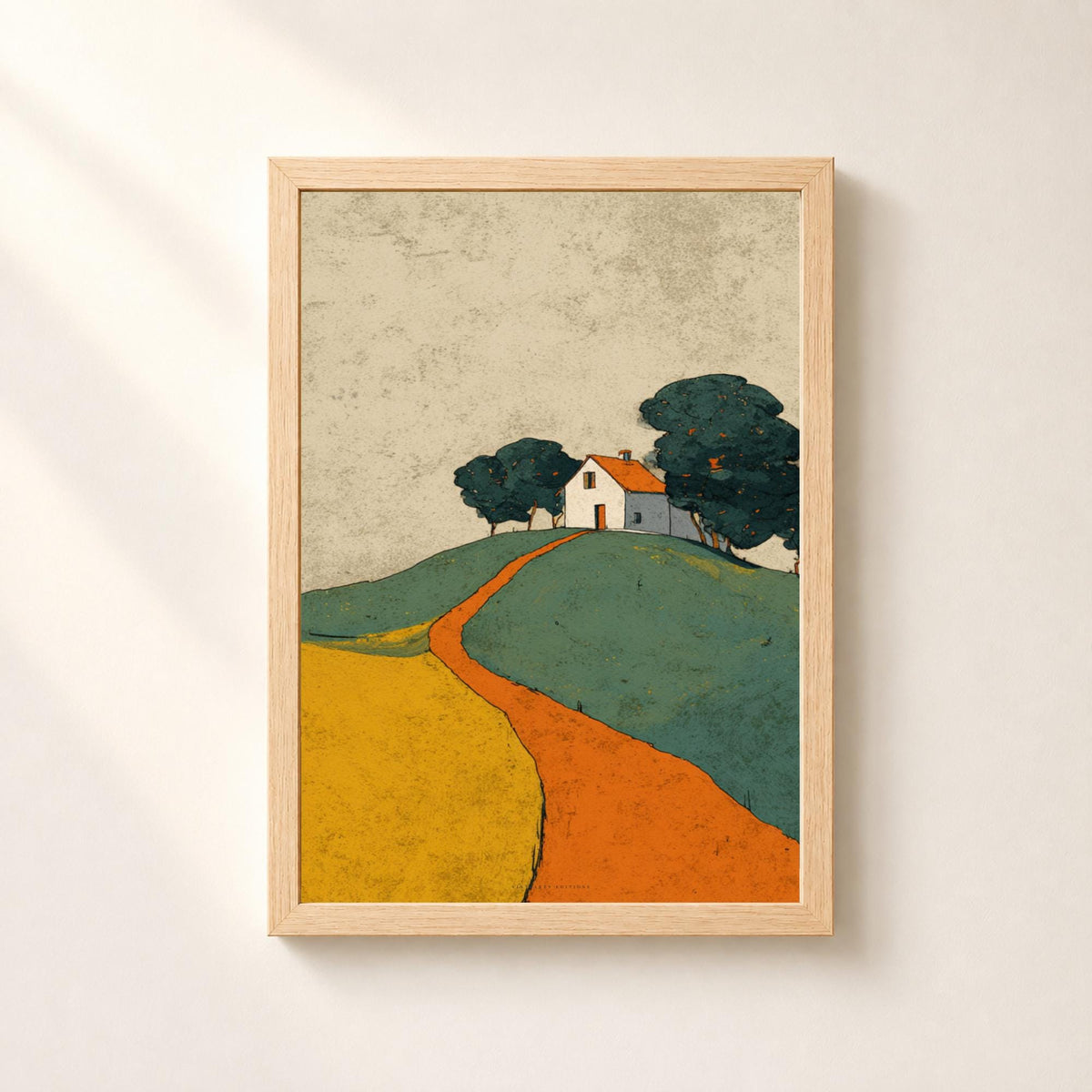 Affiche maison sur la colline, poster paysage naïf, art mural vert et orange apaisant