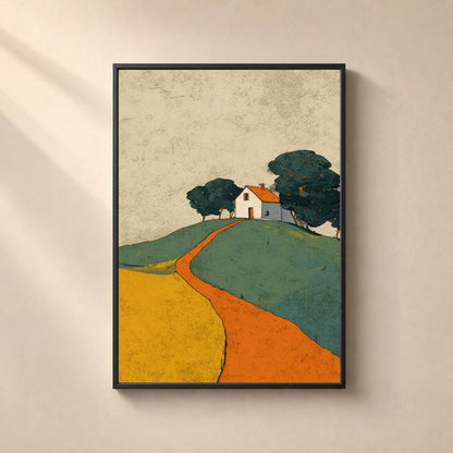 Affiche de paysage naïf, chemin orange terre montant en courbe vers une maison blanche à toit de tuiles orange sur la crête d'une colline, appentis gris et bouquet d'arbres bleu-vert aux feuillages ronds, champ jaune moutarde à gauche et grand aplat vert canard à droite, ciel en fond de papier beige texturé.
