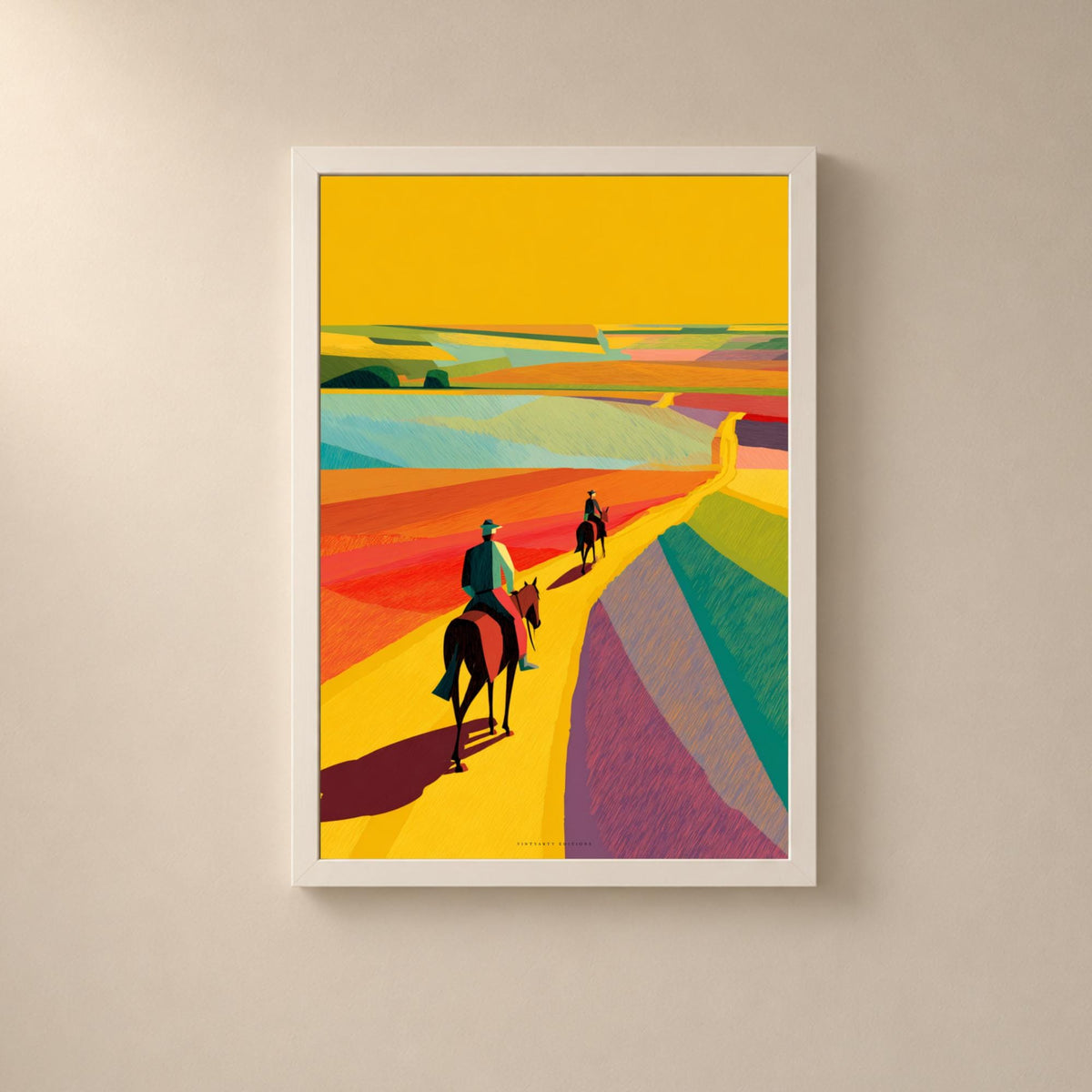 Affiche cavaliers dans paysage coloré, chemin de campagne jaune, art mural équestre contemporain