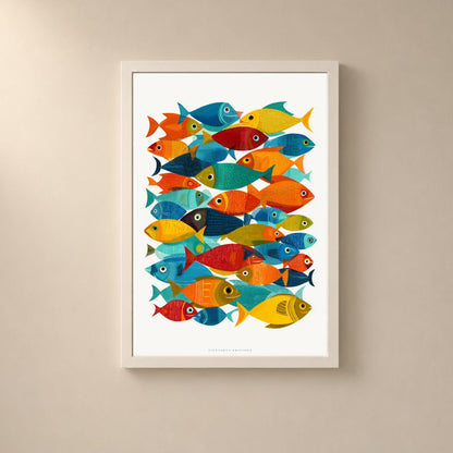 Affiche poissons colorés, art mural bord de mer, illustration contemporaine de poissons tropicaux