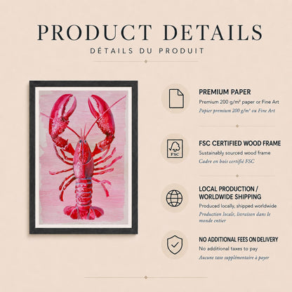 Affiche homard rouge et rose, art mural marin graphique, décoration cuisine bord de mer