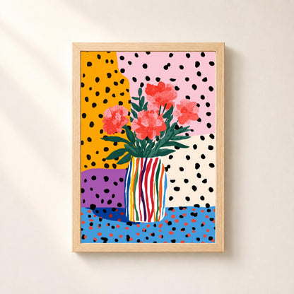 Affiche fleurs colorées et vase rayé, art floral maximaliste, décoration pop contemporaine