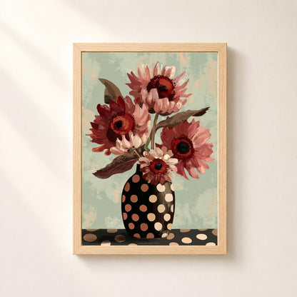 Affiche bouquet de fleurs vintage, vase à pois noir, nature morte florale contemporaine, décoration murale sauge