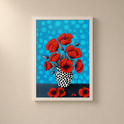 Affiche coquelicots rouges vase à pois, art floral turquoise, décoration murale contemporaine