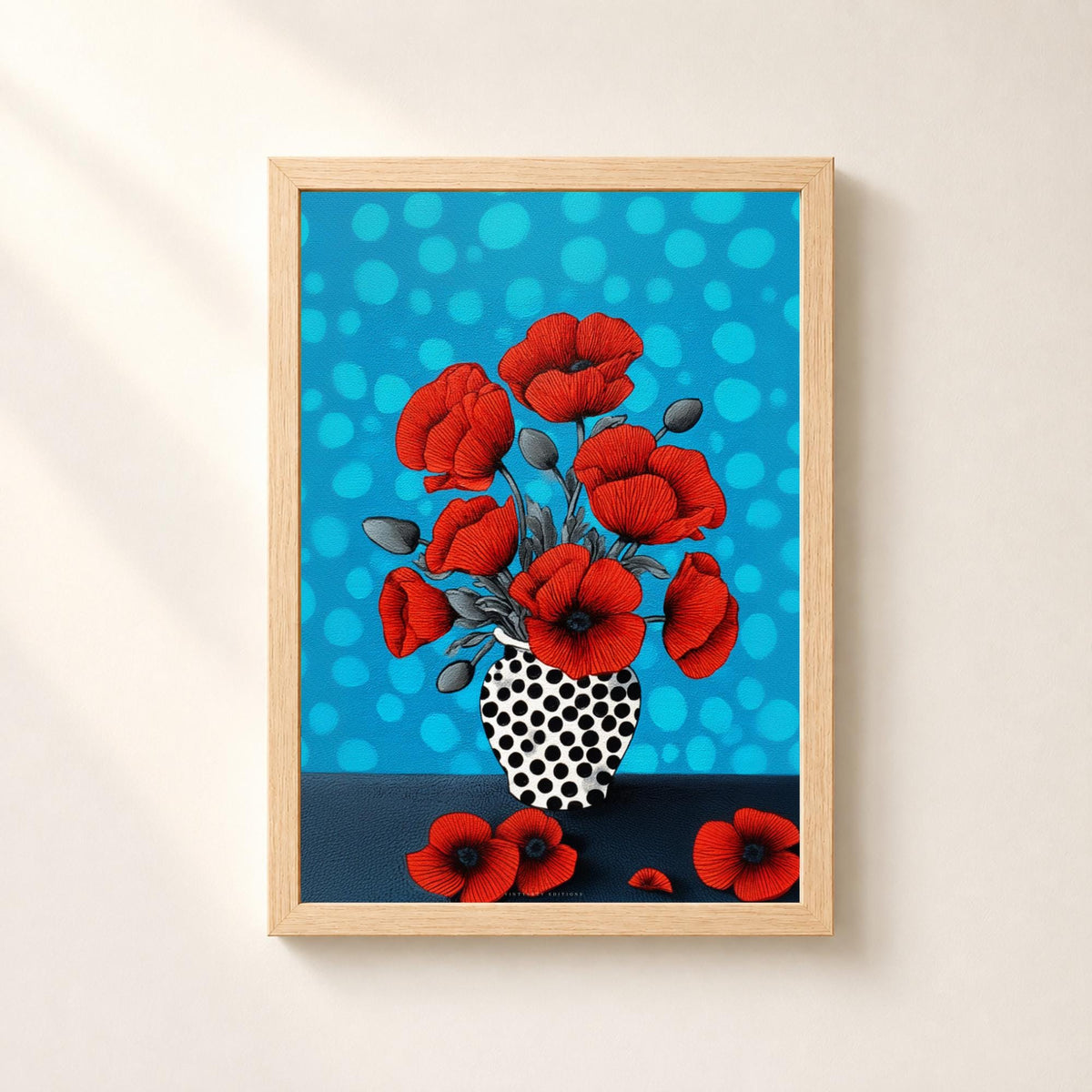 Affiche coquelicots rouges vase à pois, art floral turquoise, décoration murale contemporaine