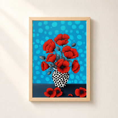 Affiche coquelicots rouges vase à pois, art floral turquoise, décoration murale contemporaine