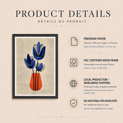 Affiche fleurs bleues vase orange, art floral rétro moderne, décoration murale fond lin