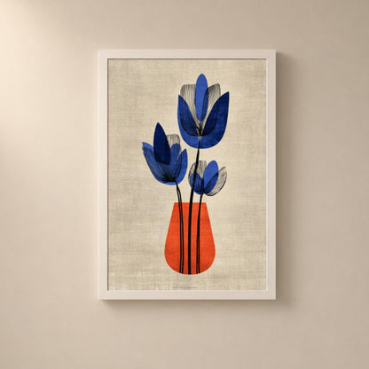 Affiche fleurs bleues vase orange, art floral rétro moderne, décoration murale fond lin