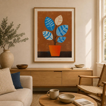 Affiche plante bleue en pot orange, art botanique rétro, décoration murale années 1950