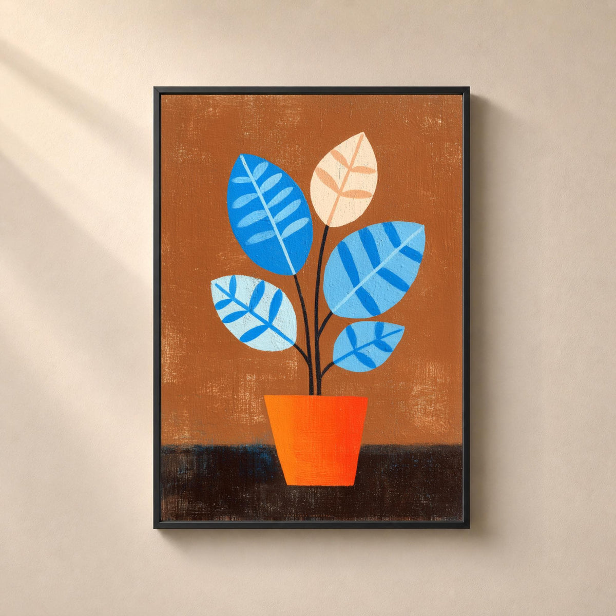 Affiche représentant une plante stylisée composée de cinq feuilles bleues et crème dans un pot orange sur fond brun texturé.