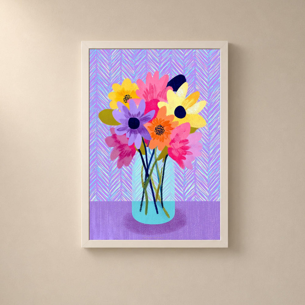 Affiche bouquet de fleurs pastel, vase bleu transparent, décoration murale danoise colorée