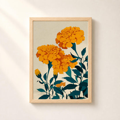 Affiche œillets d’Inde orange, art botanique bleu pétrole, décoration murale florale contemporaine