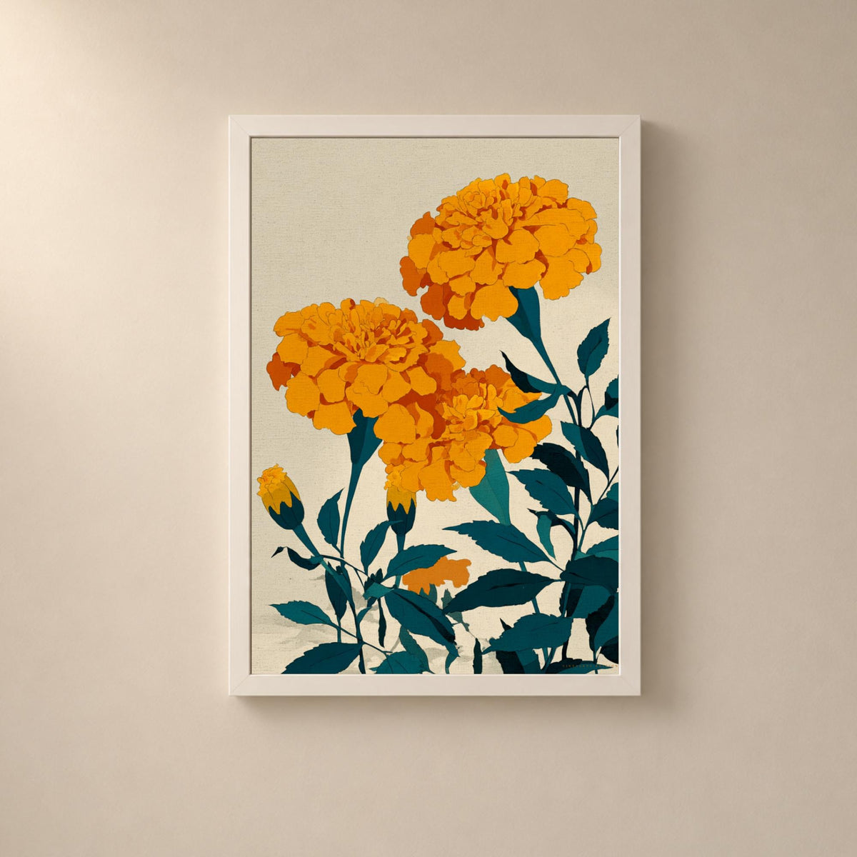 Affiche œillets d’Inde orange, art botanique bleu pétrole, décoration murale florale contemporaine