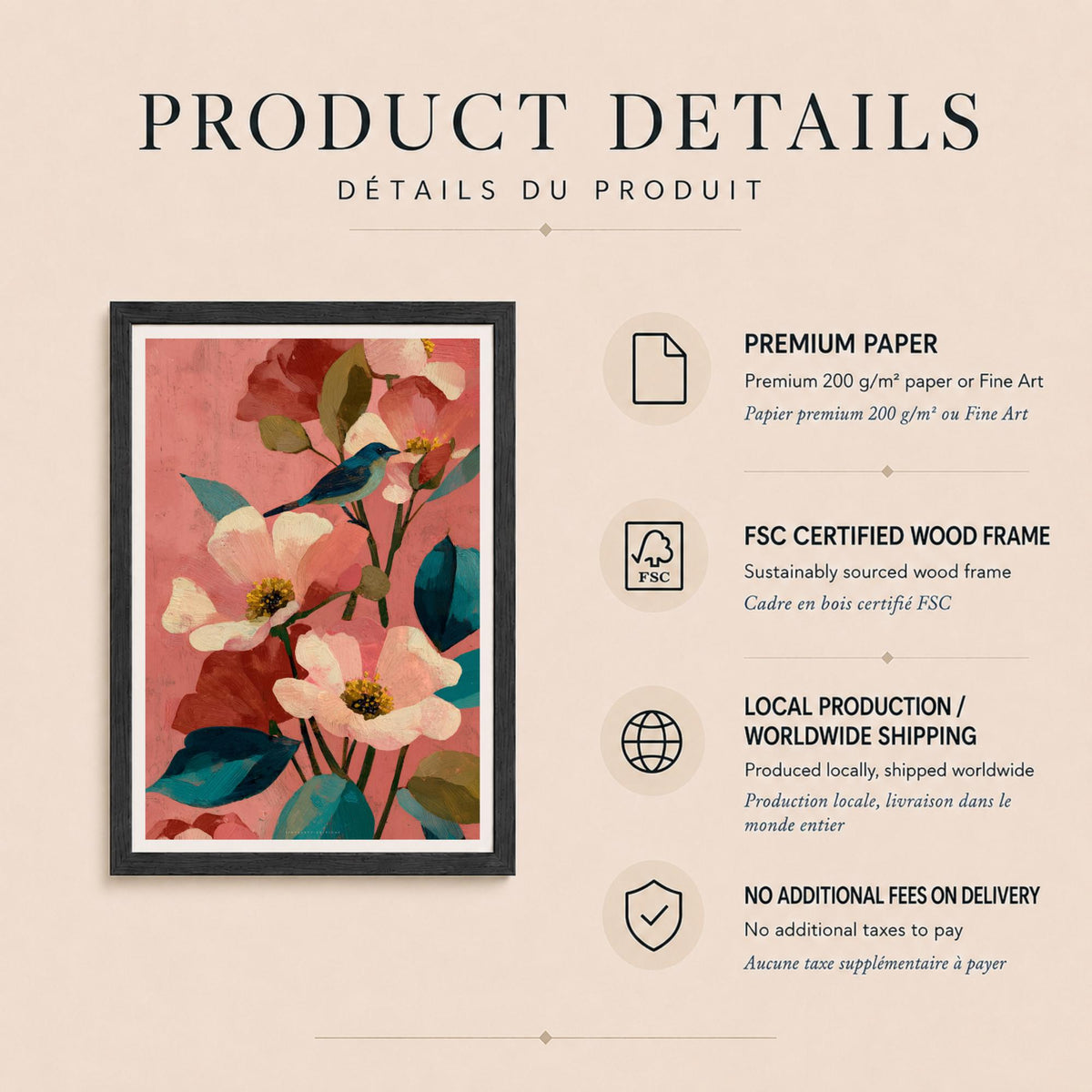 Affiche oiseau bleu et fleurs roses, art mural floral fond corail, illustration botanique contemporaine