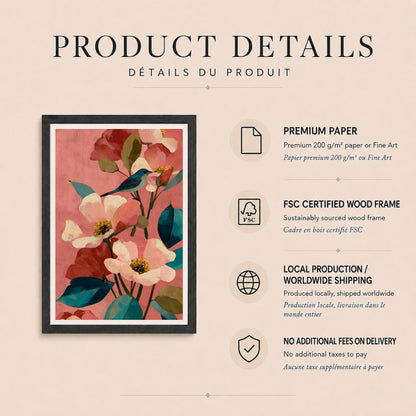 Affiche oiseau bleu et fleurs roses, art mural floral fond corail, illustration botanique contemporaine