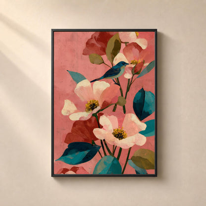 Affiche représentant un petit oiseau bleu posé sur une branche parmi de grandes fleurs crème et rose pâle, des boutons rouges et des feuilles bleu pétrole sur fond rose corail.