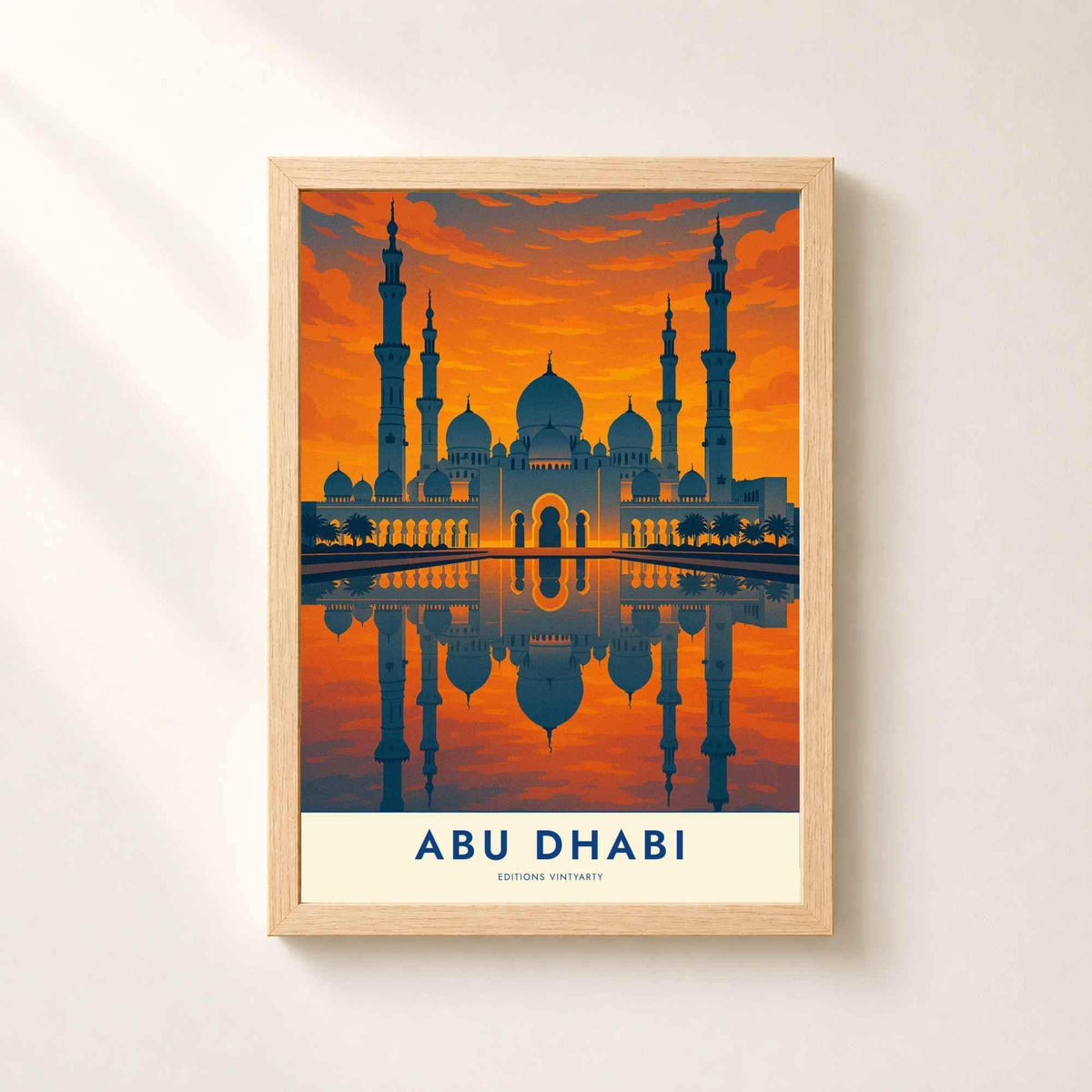 Affiche Abu Dhabi, art mural mosquée au coucher de soleil, poster voyage Émirats