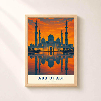 Affiche Abu Dhabi, art mural mosquée au coucher de soleil, poster voyage Émirats