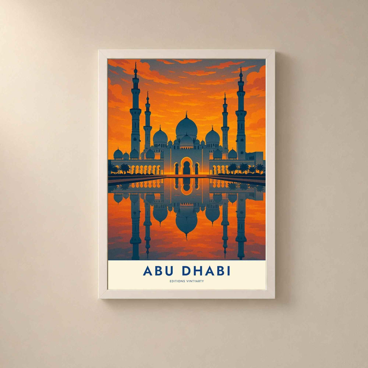 Affiche Abu Dhabi, art mural mosquée au coucher de soleil, poster voyage Émirats